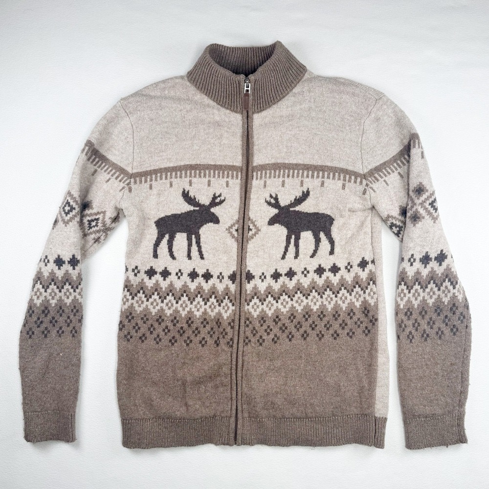 Thereabouts Full Zip Fair Isle Moose Sweater Brown Beige Mock Neck Kids XL 18-20